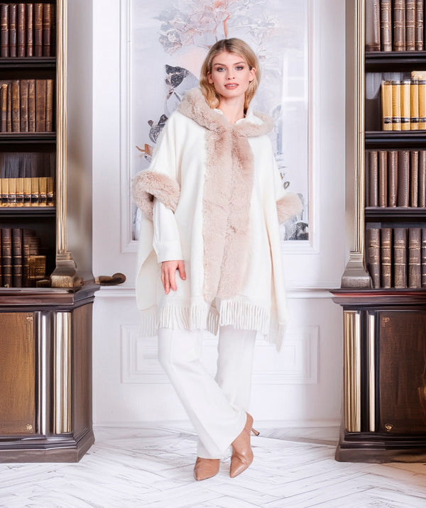 Adalee - Almond Fringed Faux Fur Trim Wrap