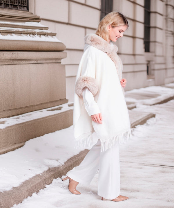 Adalee - Almond Fringed Faux Fur Trim Wrap