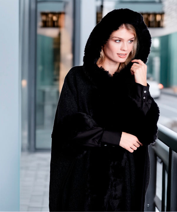 Adalee - Black Fringed Faux Fur Trim Wrap