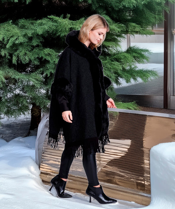 Adalee - Black Fringed Faux Fur Trim Wrap
