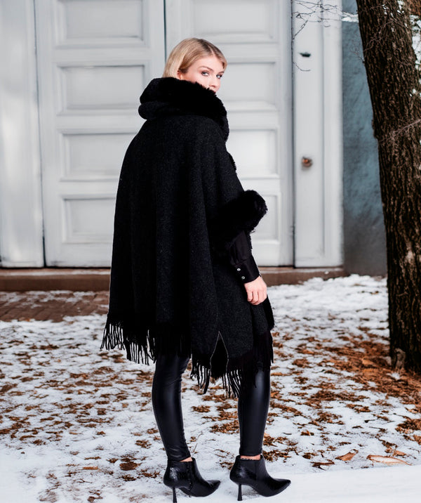 Adalee - Black Fringed Faux Fur Trim Wrap