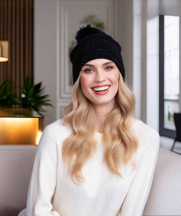 Adalyn - Black Cotton Beanie Hat with Pom Pom and Rhinestones