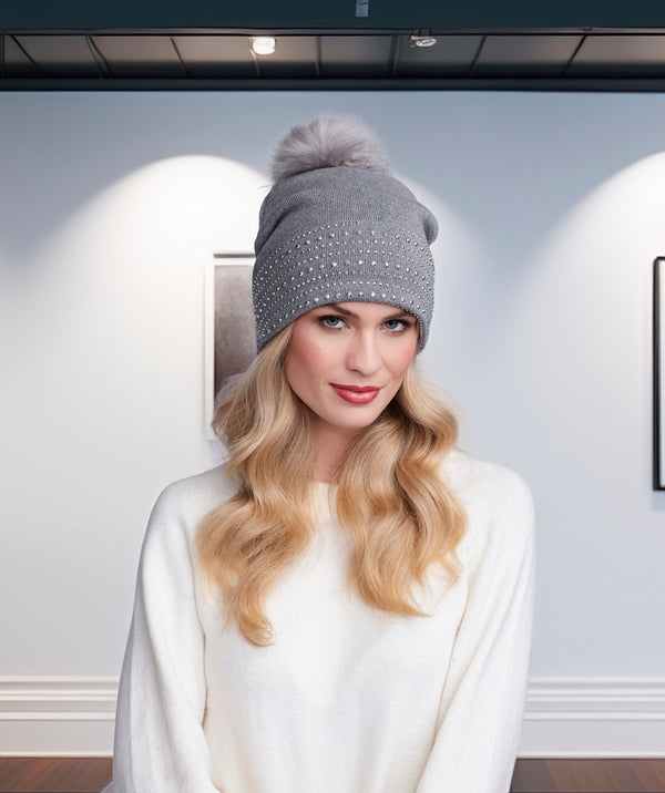 Adalyn - Silver Grey Cotton Beanie Hat with Pom Pom and Rhinestones