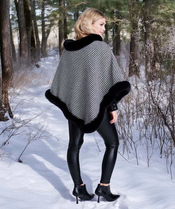 Addison - Black/White Faux Fur Trim Checked Poncho
