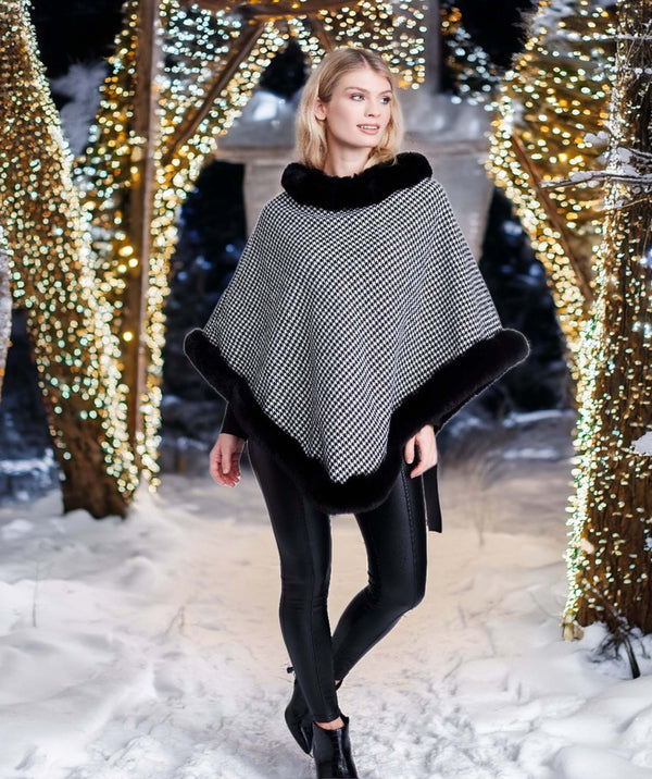 Addison - Black/White Faux Fur Trim Checked Poncho