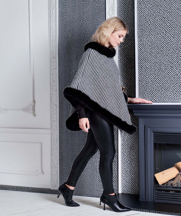 Addison - Black/White Faux Fur Trim Checked Poncho