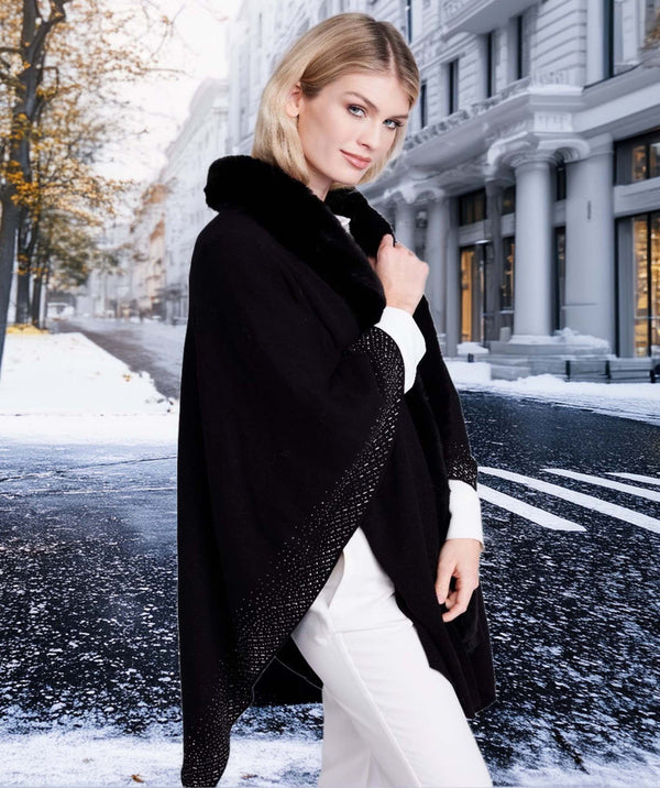 Alexandria - Black Crystal Embellished Faux Fur Trim Wrap