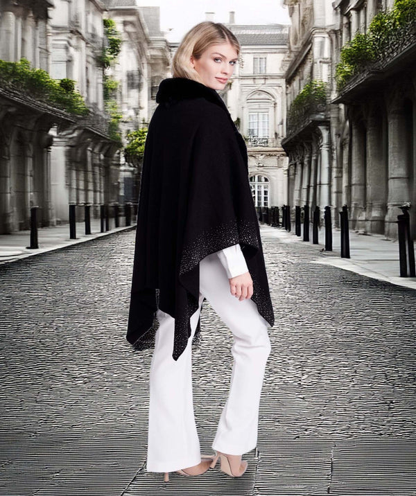 Alexandria - Black Crystal Embellished Faux Fur Trim Wrap