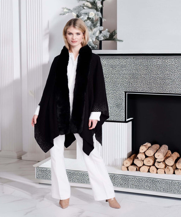 Alexandria - Black Crystal Embellished Faux Fur Trim Wrap