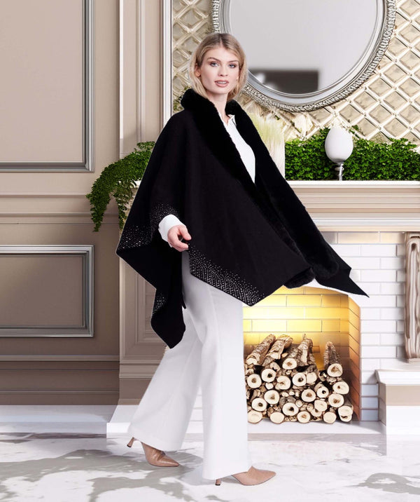 Alexandria - Black Crystal Embellished Faux Fur Trim Wrap