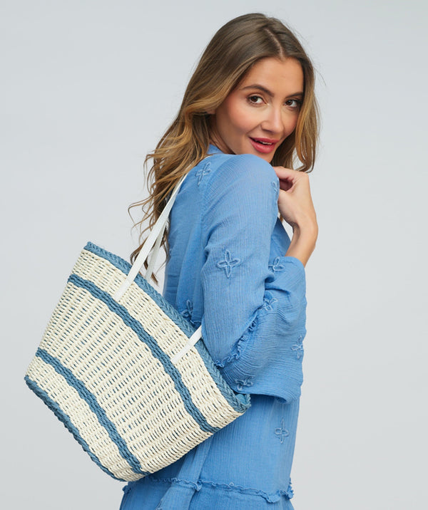 Blue White Straw Beach Basket
