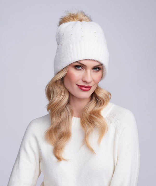 Alora - Cream Soft Embellished Pom Pom Hat