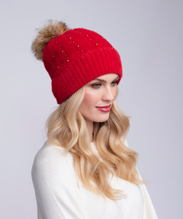 Alora - Red Soft Embellished Pom Pom Hat