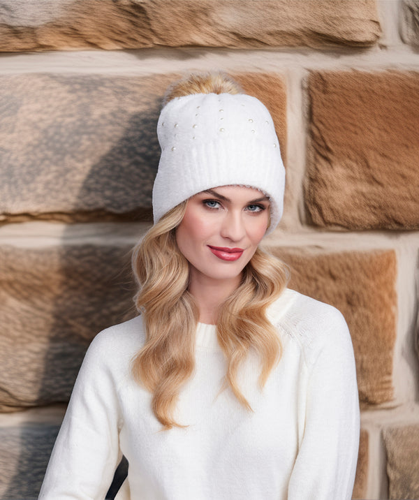 Alora - Cream Soft Embellished Pom Pom Hat