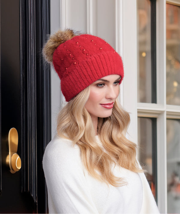 Alora - Red Soft Embellished Pom Pom Hat