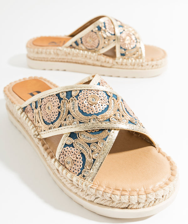 Navy Gold Embroidered Flatform Espadrilles with Crochet-Effect Toe