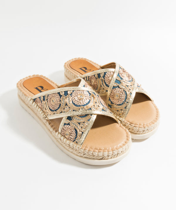 Navy Gold Embroidered Flatform Espadrilles with Crochet-Effect Toe