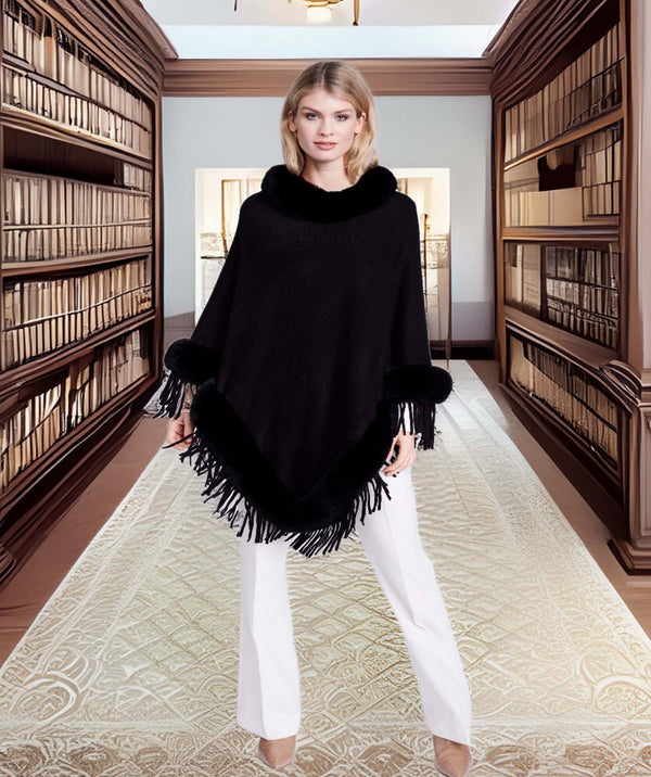Angela - Black Fringed Poncho with Faux Fur Trim
