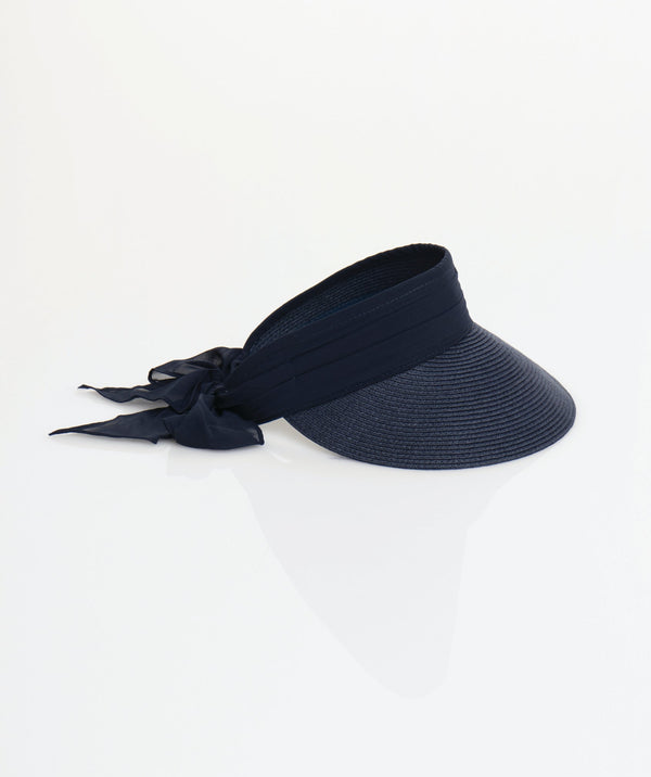 Augusta - Navy Straw Roll-Up Visor with Chiffon Tie