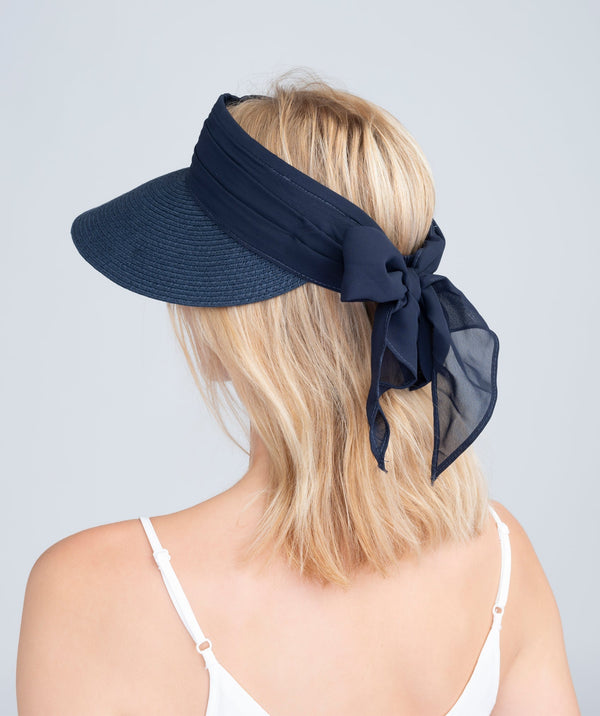 Augusta - Navy Straw Roll-Up Visor with Chiffon Tie