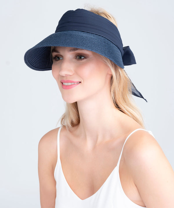 Augusta - Navy Straw Roll-Up Visor with Chiffon Tie