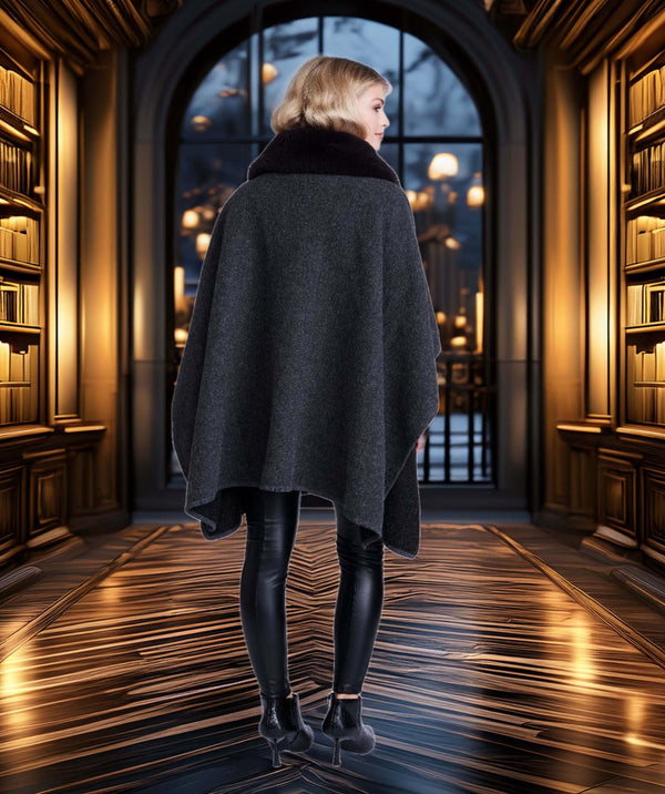 Austin - Charcoal Black Faux Fur Trimmed Cape