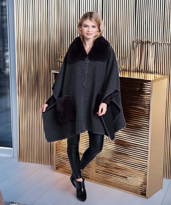 Austin - Charcoal Black Faux Fur Trimmed Cape