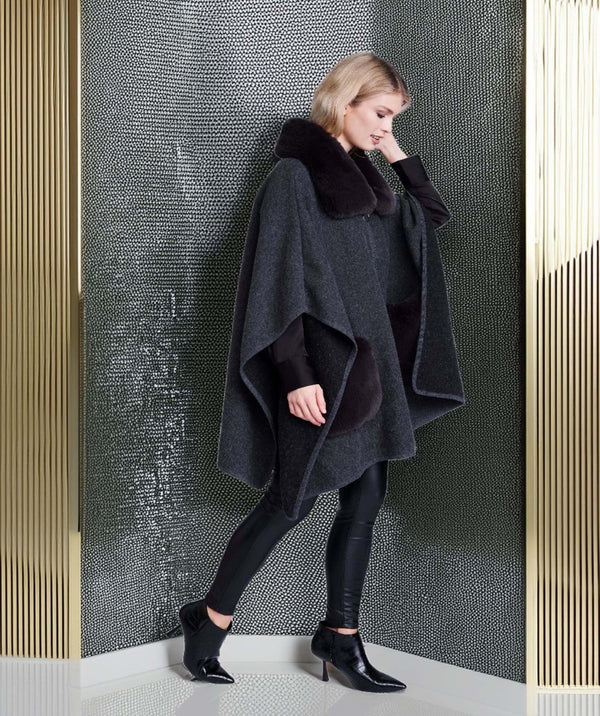 Austin - Charcoal Black Faux Fur Trimmed Cape
