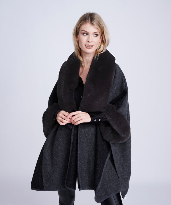 Autumn - Charcoal Faux Fur Trim Wrap with half Length Sleeves
