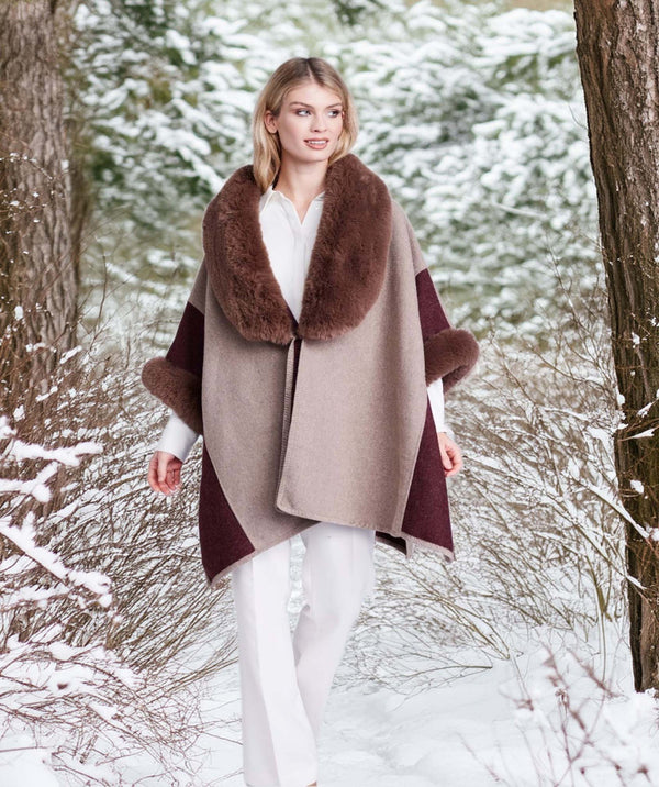 Autumn - Taupe Faux Fur Trim Wrap with half Length Sleeves