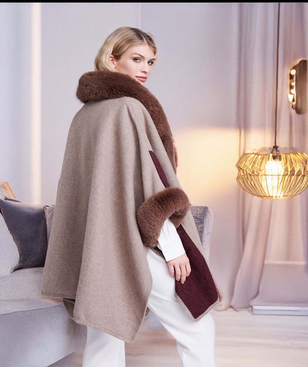 Autumn - Taupe Faux Fur Trim Wrap with half Length Sleeves