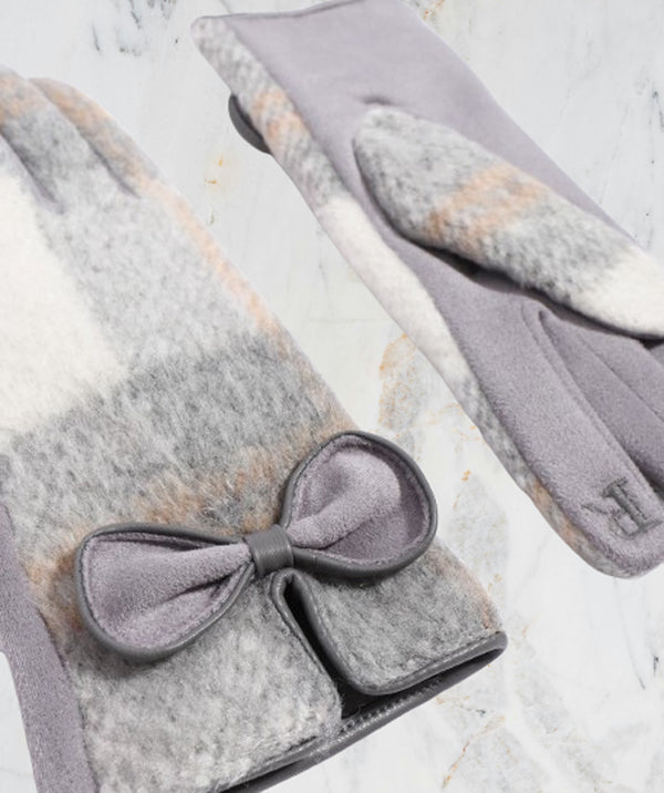 Ava - Silver Grey Check Faux Suede Glove with Bow