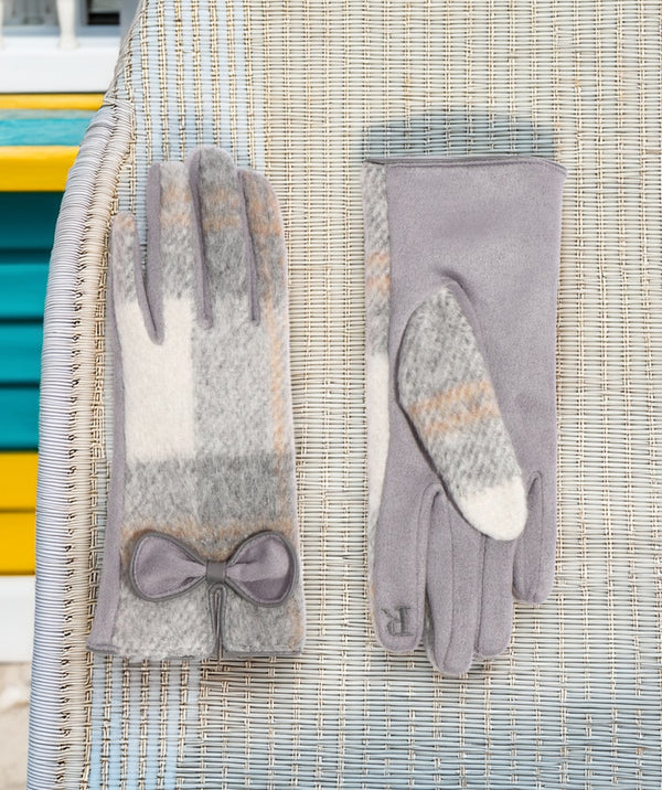 Ava - Silver Grey Check Faux Suede Glove with Bow