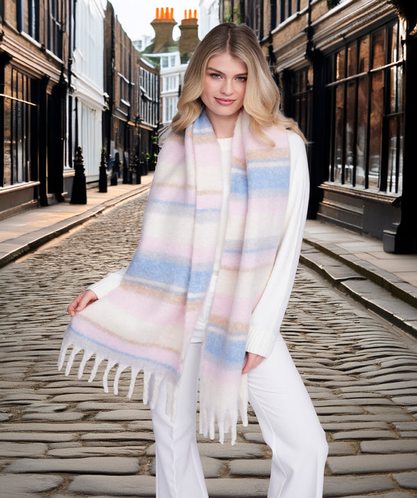 Avery - Pastel Striped Blanket Scarf with Tassel Fringing
