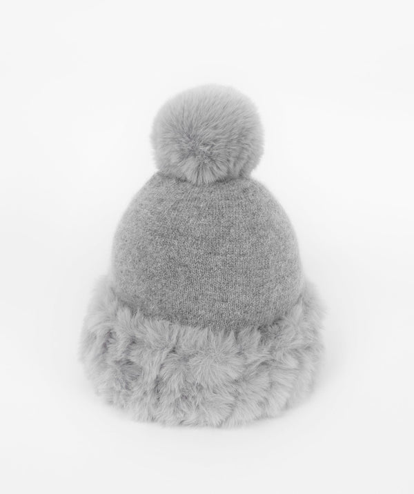 Bailey - Silver Grey Knitted Beanie Hat with matching Faux Fur Cuff and Pom Pom