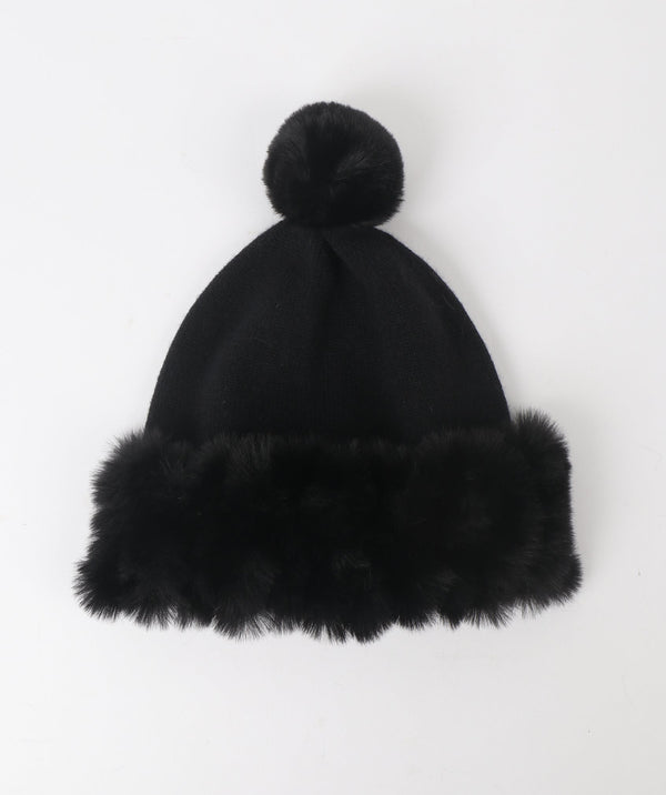 Bailey - Black Knitted Beanie Hat with matching Faux Fur Cuff and Pom Pom