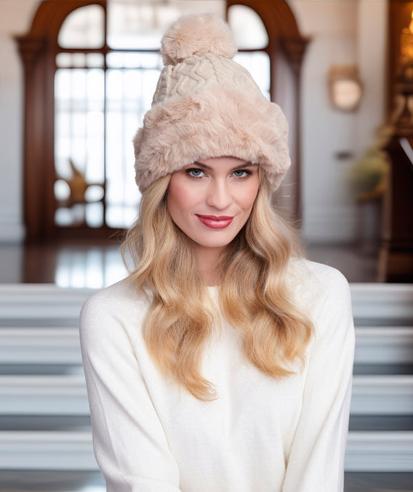 Bailey - Cream Knitted Beanie Hat with matching Faux Fur Cuff and Pom Pom