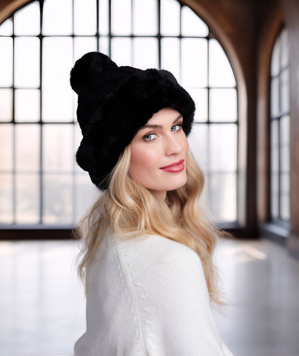 Bailey - Black Knitted Beanie Hat with matching Faux Fur Cuff and Pom Pom