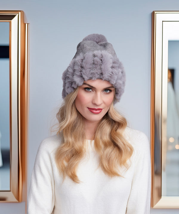 Bailey - Silver Grey Knitted Beanie Hat with matching Faux Fur Cuff and Pom Pom