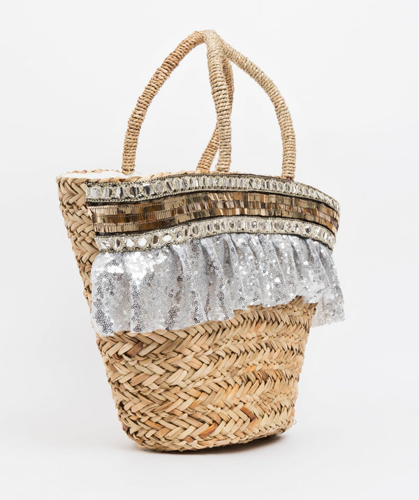 Bella - Natural Silver Sequin Straw Beach Basket