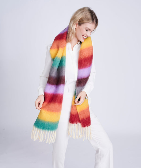 Beth - Multicoloured Striped Blanket Scarf with Fringed Hemline