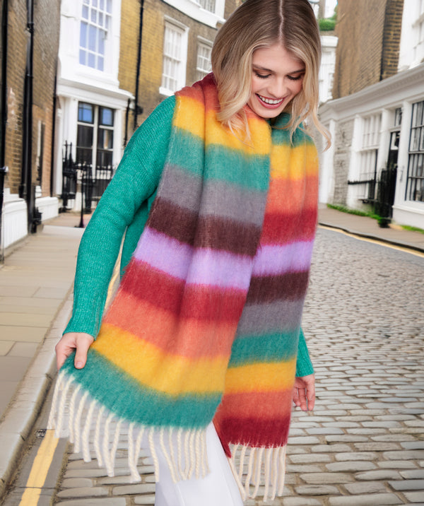 Beth - Multicoloured Striped Blanket Scarf with Fringed Hemline