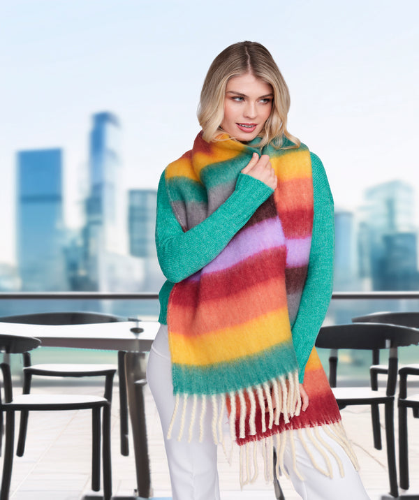 Beth - Multicoloured Striped Blanket Scarf with Fringed Hemline