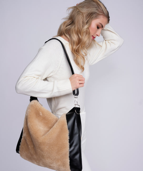 Brielle - Camel Borg Fleece and Faux Leather Slouch Bag