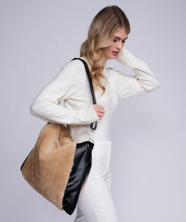 Brielle - Camel Borg Fleece and Faux Leather Slouch Bag