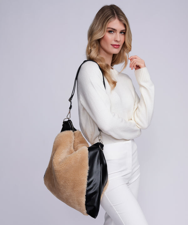 Brielle - Camel Borg Fleece and Faux Leather Slouch Bag