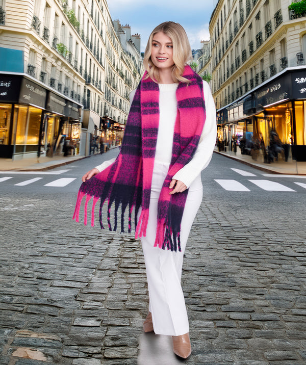Carrie - Pink Checked Blanket Scarf with Tassel Fringing