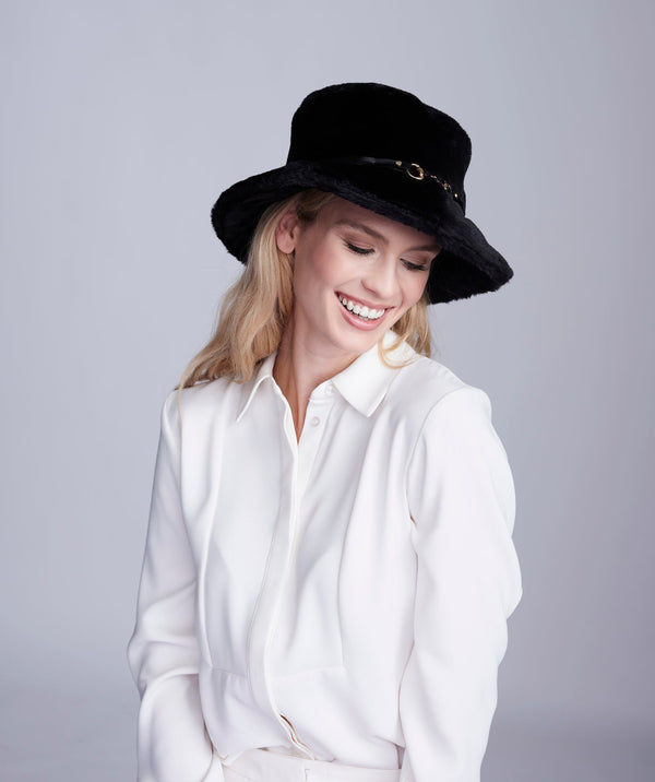 Cathy - Black Faux Fur Bucket Hat with Leather Detail