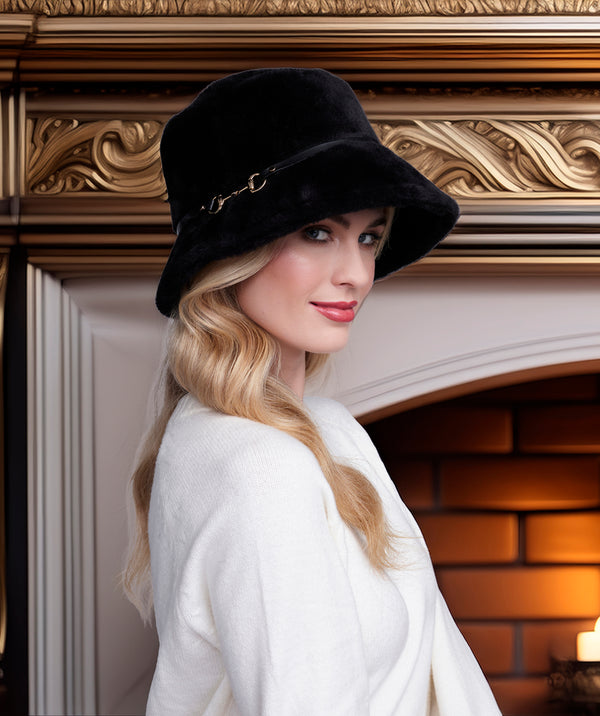 Cathy - Black Faux Fur Bucket Hat with Leather Detail
