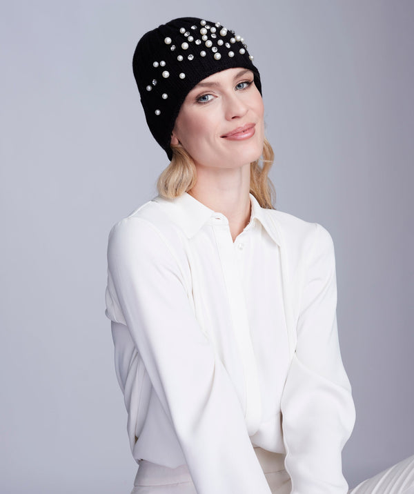 Christian - Black Chunky Knit Hat with Pearl Embellishments